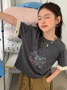 DAZY Áo thun cổ tròn in họa tiết, tay áo xếp ly, dáng rộng dành cho bé gái tuổi teen. - Màu xám đen - Xem 1