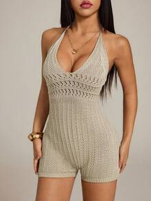 SHEIN PETITE Conjunto de Verão para Mulheres - Macaquinho de Tricô com Decote em V Profundo e Costas Abertas, Ajustado, Sexy e Fashion, Adequado para Festa, Encontro, Chá da Tarde, Férias Boho, Maiô de Crochê Tricotado para Praia. Macaquinho de Crochê para Mulheres, Conjunto de Primavera para Mulheres, Dia dos Namorados, Roupa de Praia para Mulheres, Aniversário, Saída, Elegante Casual, Férias, Vintage para Mulheres, Macaquinho Sexy para Mulheres, Verão, Primavera, Dia dos Namorados, Casual, Férias, Casamento na Praia, Aniversário, Saída, Elegante Casual - Bege - Visão 6