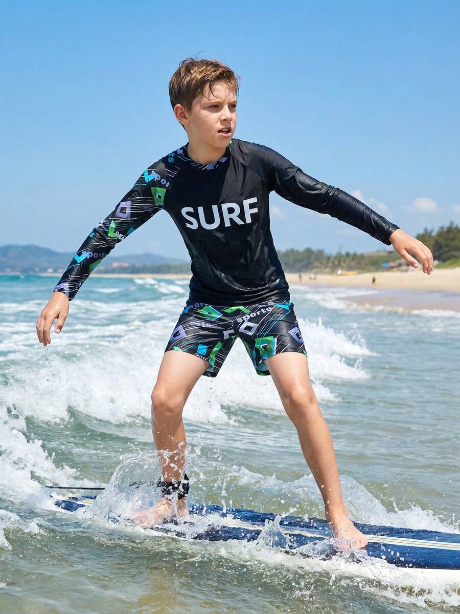 SHEIN Tween Boy Casual Fitted Video Game Glow-In-The-Dark Pattern Tankini 2 Pieces Swimsuit, Suitable For Spring/Summer, Beach Vacation - Multicolor - View 1