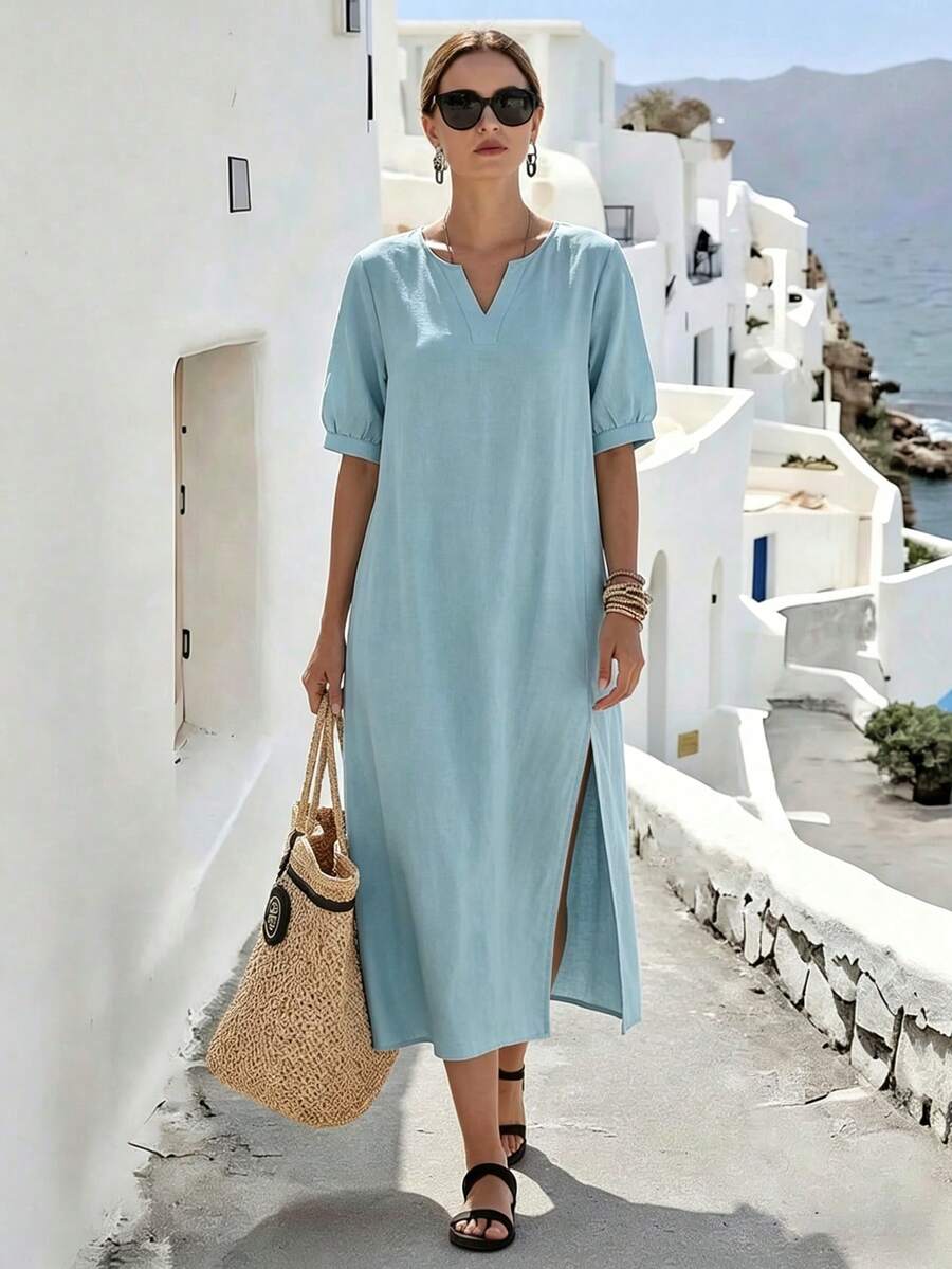 Breezaya Women's Vacation Casual Solid Color Notched Neck Dress - Aqua Blue - View 1