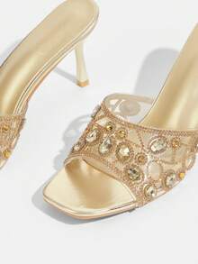 CUCCOO TILAWA Ladies Fashion Square Toe Transparent TPU Pressed Diamond Sexy Evening Party Party Style Simple Backspace Stiletto High Heel Sandals - Gold - View 5