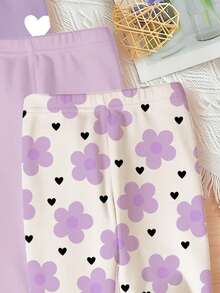 Souflis Souflis Set de 4 piezas de leggings/pantalones/mallas elásticos de unicolor para niña bebé, serie morada dulce y linda con corazones, lunares, pequeños estampados de flores, para primavera y verano, vibes de primavera, vibes de verano, fácil comodidad, conjunto de niña con estilo, ropa casual, ropa gráfica floral para niños, conjunto de primavera y verano, nuevo estilo, relajado, vibes de primavera relajado vacaciones de verano - Multicolor - Ver 3