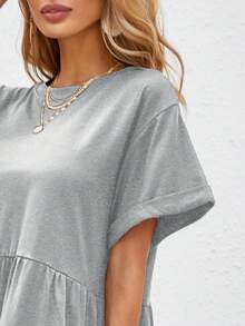 EMERY ROSE Rolled Cuff Ruffle Hem Babydoll Dress Vacation Beach Outfits Women - Light Grey - View 5
