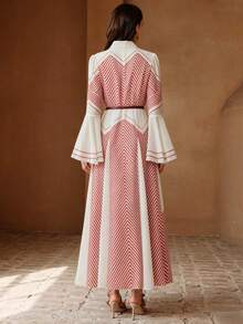 Anewsta Striped Flare Sleeve Tie Waist Design Women Long Dress - Red - View 3