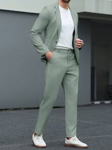 Manfinity Mode Men's Solid Lapel Collar Casual Suit Set, Spring/Summer, Formal - Green - View 4