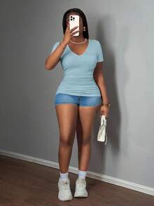 Slaydiva 2025 Nueva Camiseta Básica sin Mangas con Cuello en V Acanalada para Mujer Talla Grande, Blanco - Azul menta - Ver 3