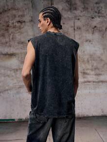 Skyrend Camiseta sin mangas vintage desgastada para hombre con detalles lavados con ácido, adecuada para uso casual diario, primavera/verano, emo, estilo emo de los años 2000 - Negro - Ver 2