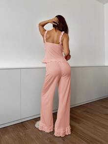 Aloruh Bohemian Casual Ruffle Strap Pants Women Pajama Set - Pink - View 2