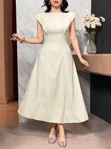 Modelyn Women's Elegant Solid Color Sleeveless Mid-Length Dress, Summer Dinner Date Cream White - Yellow - View 6