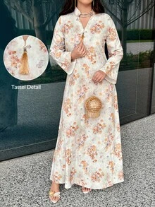 Al Najma Vestido de mujer con cuello entallado, estampado floral y mangas acampanadas - Multicolor - Ver 1