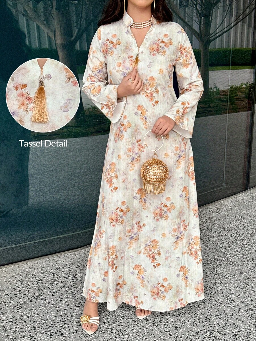 Al Najma Vestido de mujer con cuello entallado, estampado floral y mangas acampanadas - Multicolor - Ver 1