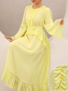 Graceveil Elegante vestido de vacaciones con cuello con volantes, cintura con lazo, mangas largas y bajo acampanado, grácil y hermoso - Amarillo - Ver 2