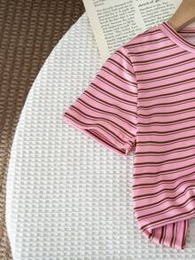 SHEIN 少女極簡條紋短袖T恤與長褲套裝 - 粉色 - 查看 6