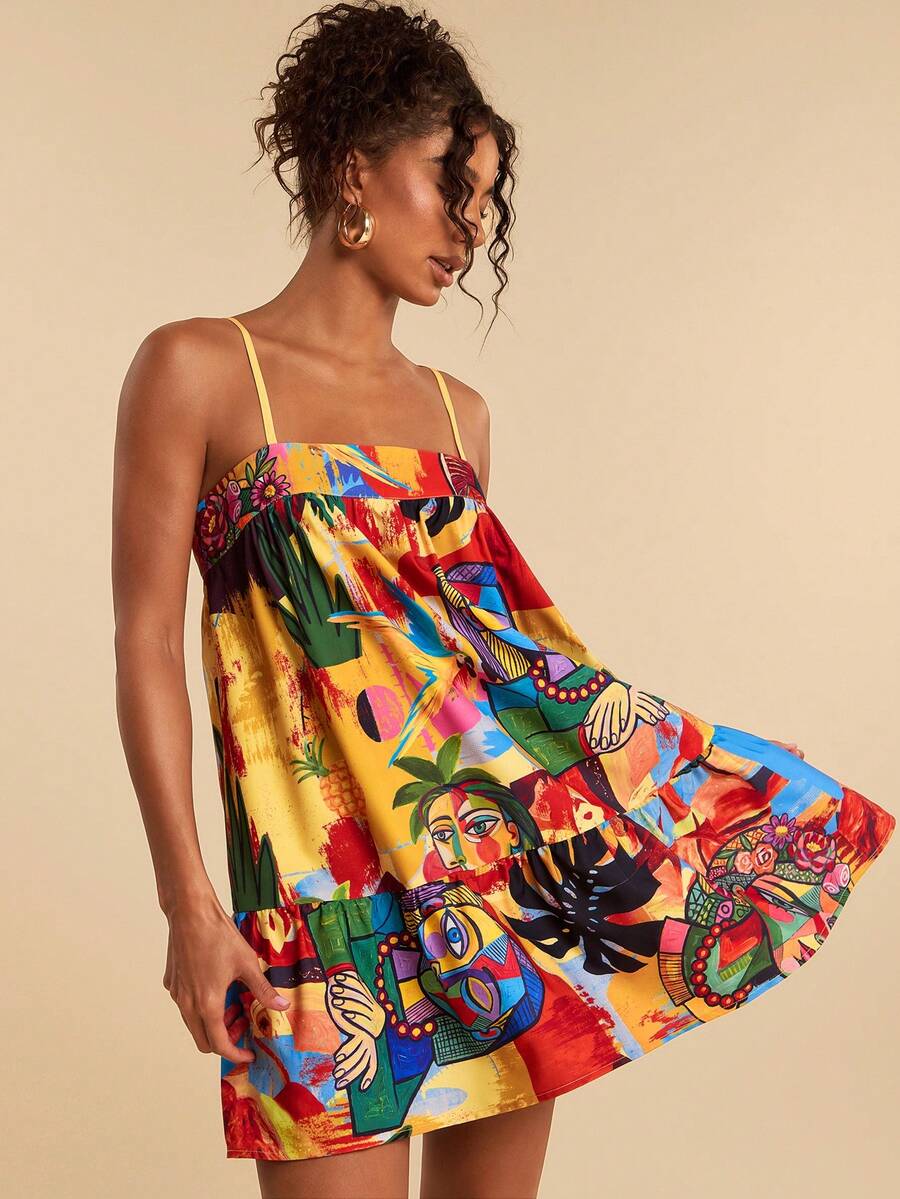 SHEIN TRVLCHIC Đầm ngắn không tay in hình trừu tượng phong cách thường ngày dành cho nữ, kiểu dáng đi nghỉ mát. - Nhiều màu - Xem 1
