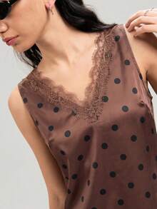 LYSMO Plus Size Black Lace V-Neck Loose Satin Dress - Brown - View 6