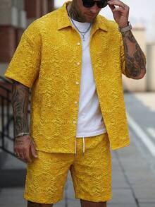 Manfinity CasualCool Men's Yellow Casual Jacquard Short Sleeve Button-Up Shirt & Drawstring Shorts Set,Funny Summer Holiday Vacation 2 Piece Outfits For Wedding Party - Yellow - View 4