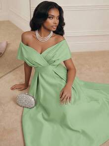 Savoree Women's Elegant Off-Shoulder Long Dress, Solid Color, Suitable For Party - Green - View 7
