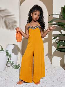 SHEIN Tween Girls' V-Neck Strap Patchwork Wide Leg Flare Jumpsuit, Vacation Wear Spring/Summer - Yellow - View 5