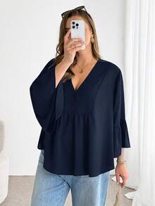 Shapeblank Plus-Size Women's Navy Blue Summer Elegant Everyday Work Casual Loose Comfortable V-Neck Ruffled Blouse, Fashion Top,Summer Outfits - Navy Blue - View 4