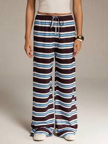 SHEIN Tall 女士酒红色条纹复古休闲抽绳腰裤/休闲裤/家居裤/条纹直筒裤/新年裤/外出裤/女士休闲装条纹阔腿裤 - 咖啡棕 - 查看 3