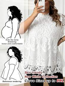 SHEIN CURVE+ 大尺碼優雅蕾絲拼接雪紡上衣 - 白色 - 查看 3