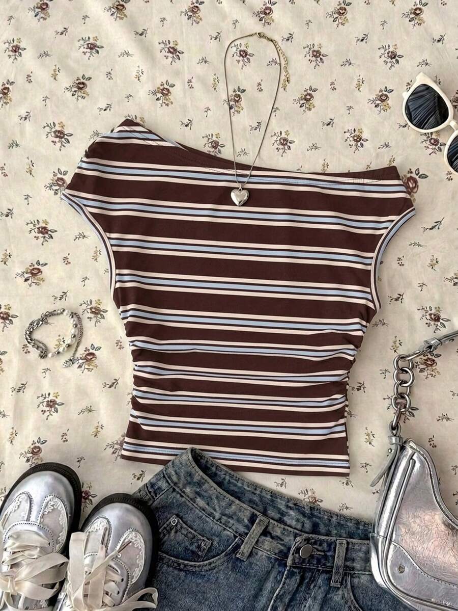 Attitoon Áo croptop nữ kiểu dáng thường ngày, xếp ly bất đối xứng, họa tiết sọc retro kiểu Mỹ, áo kiểu nữ thường ngày, trang phục phong cách Y2K cho nữ. - Nhiều màu - Xem 1