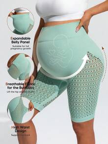 SHEIN Maternity Solid Color High Waist Mesh Shorts - Green - View 4