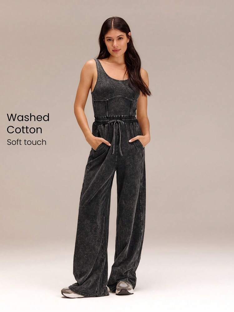 33" Sunny Strut Straight Leg Elastic Waist Adjustable Drawstring Corset Style One Piece Jumpsuit Daily Casual Wear