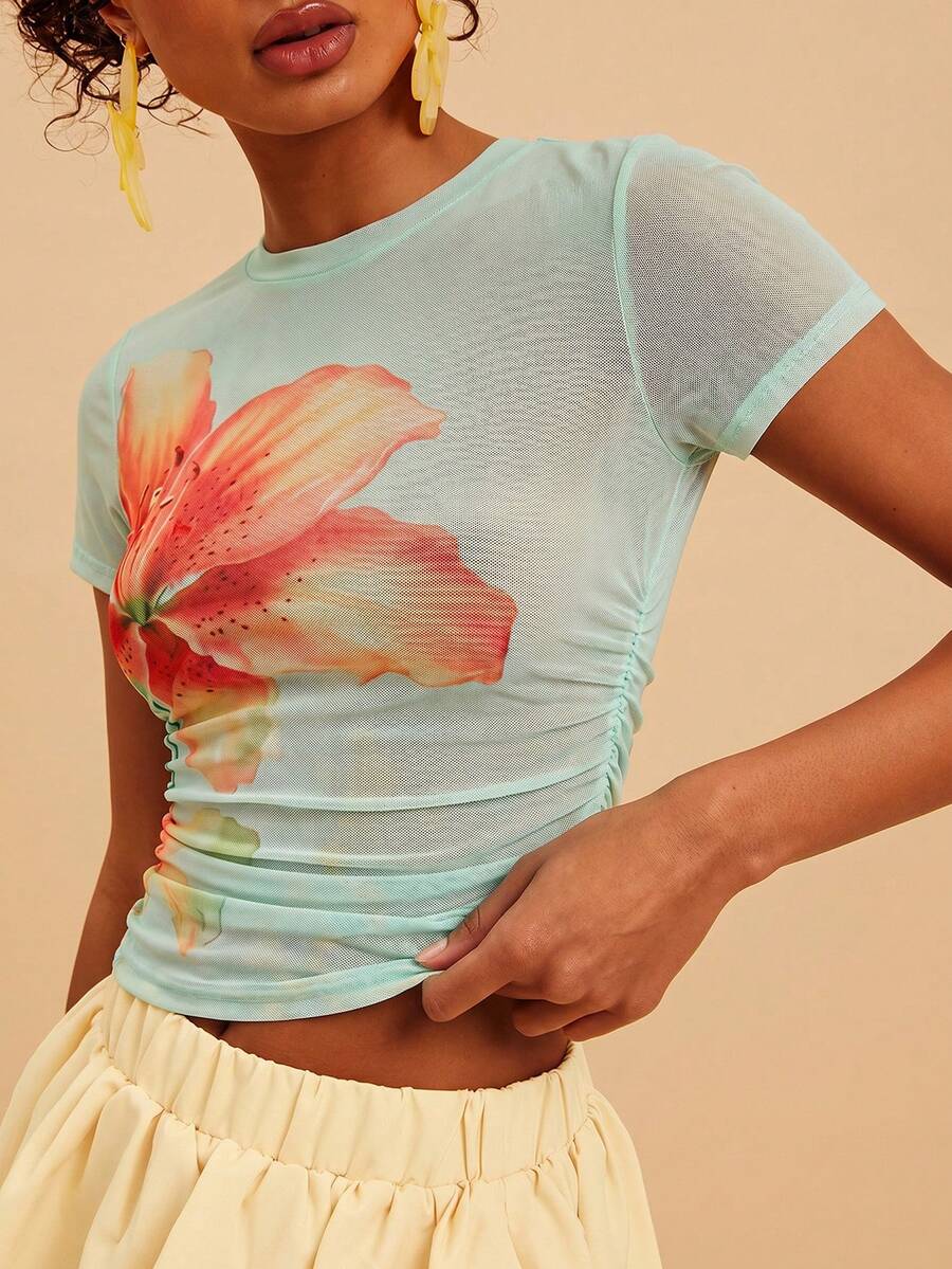 Travachic Women's Floral Print Round Neck Raglan Short Sleeve Sheer Fitted Top, Summer - Multicolor - View 1