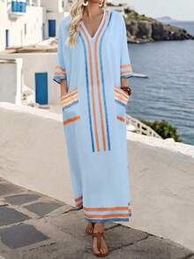 SHEIN Holidaya Đầm nữ mùa xuân/hè kiểu Bohemian mới, phong cách thường ngày, họa tiết sọc nhiều màu sắc, cổ chữ V, tay lửng. - Màu xanh lam - Xem 5