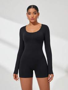 Easithlete Easithlete Solid Color Backless Fitted Romper - Black - View 2