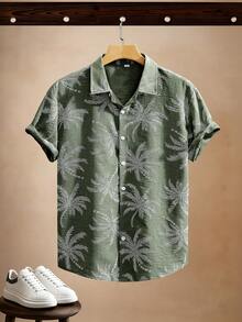 VENTUSAIL Men's Casual Boho Vacation Style Short Sleeve Shirt, Faux Embroidery Holiday Holiday Vacation Green Floral Summer - Army Green - View 5