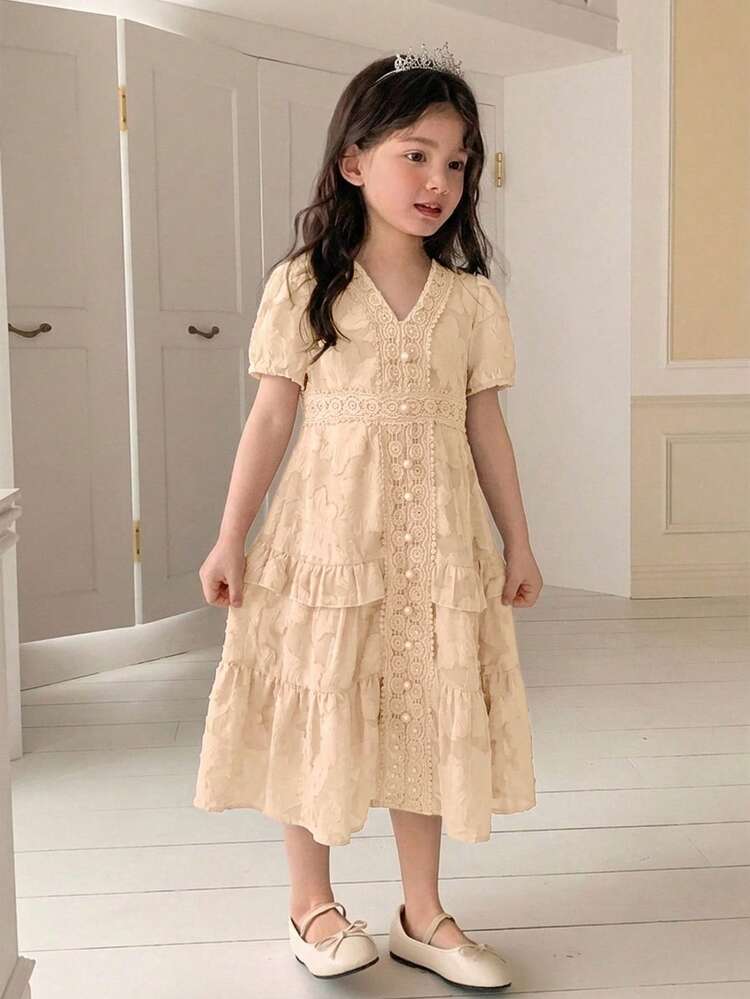 Girls Floral V-Neck Ruffle Trim Dress, Young Girl Fall Clothes