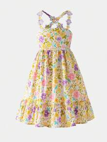 Emery Rose Kids Emery Rose Kids 少女碎花荷叶边度假连衣裙，女童碎花褶皱短裙，后背交叉花朵绑带和蝴蝶结，适合夏季，可作花童礼服、少女连衣裙、青少年碎花连衣裙、年轻女士连衣裙、碎花连衣裙。 - 紫色 - 查看 3