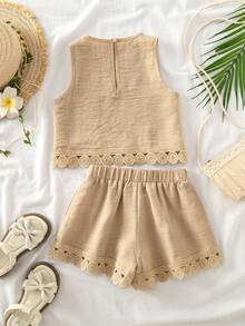 SHEIN Conjunto de top casual sin mangas con cuello redondo y volantes de unicolor para niñas, verano - Albaricoque - Ver 13