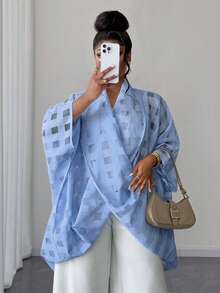 Maweii Plus Size Women Plaid Loose Twist Collar Blouse - Dusty Blue - View 4
