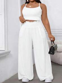 SHEIN CURVE+ Quần dài nữ cỡ lớn, màu trơn, chất liệu chiffon, dáng rộng, cạp chun, ống loe, thích hợp mặc đi làm và mặc hàng ngày, thích hợp cho mùa xuân/hè. - trắng - Xem 6