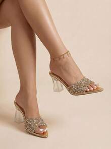 Sirith Sandalias de tacón grueso con cristales para mujer, elegantes y encantadoras, de slip-on y punta abierta, con destellos para fiestas, clásicas y glamorosas en color champán - Champán - Ver 11