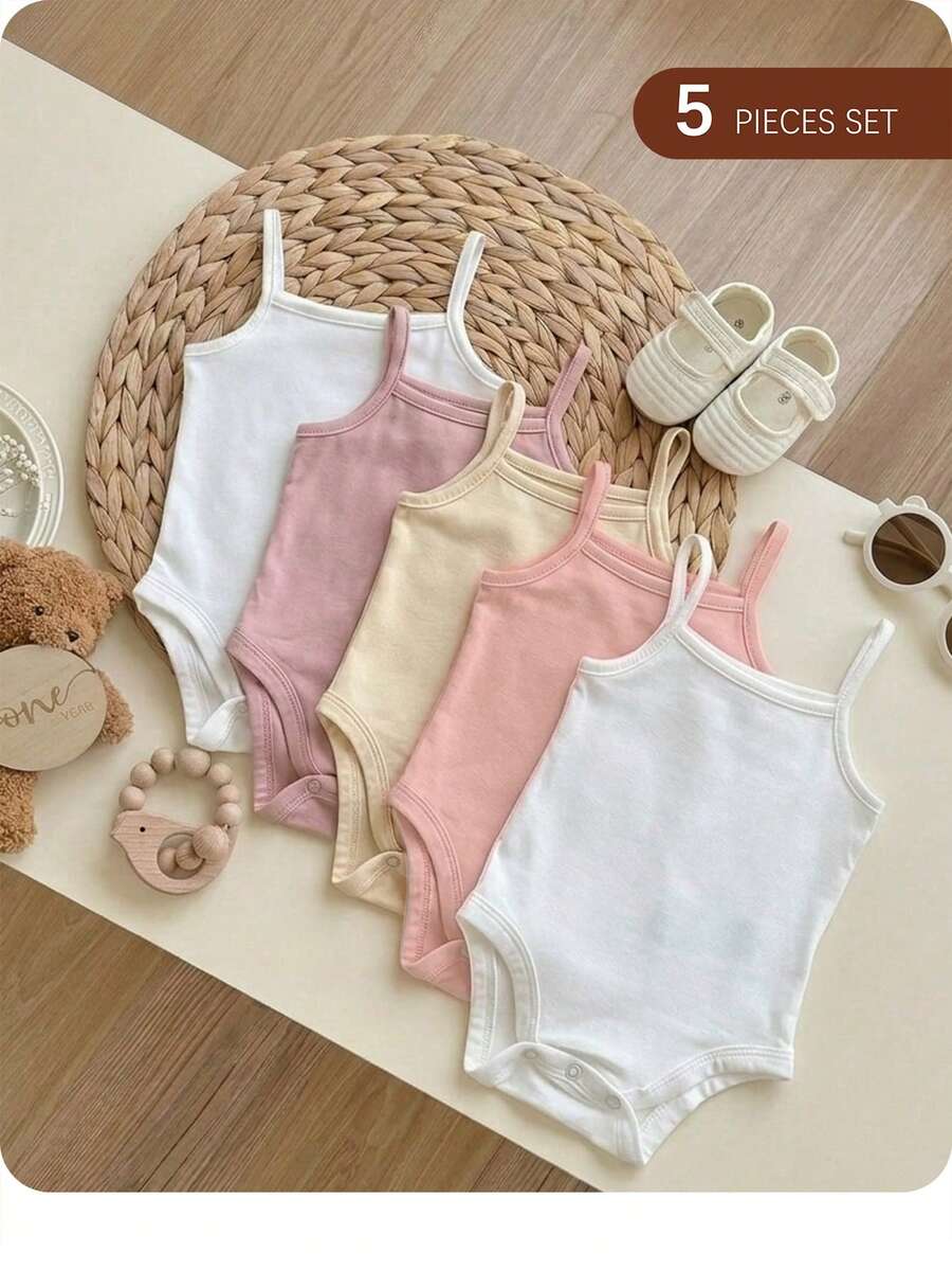 SHEIN Pelele de punto de unicolor lindo de verano para bebé recién nacida, multicolor - Rosa - Ver 1