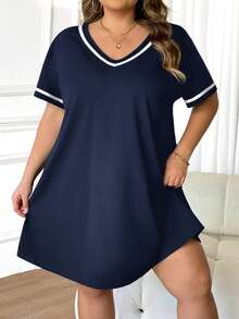 SHEIN CURVE+ Plus Size Women's Fashionable Casual V-Neck Contrasting Ribbon Black Knitted Dress - Navy Blue - View 8