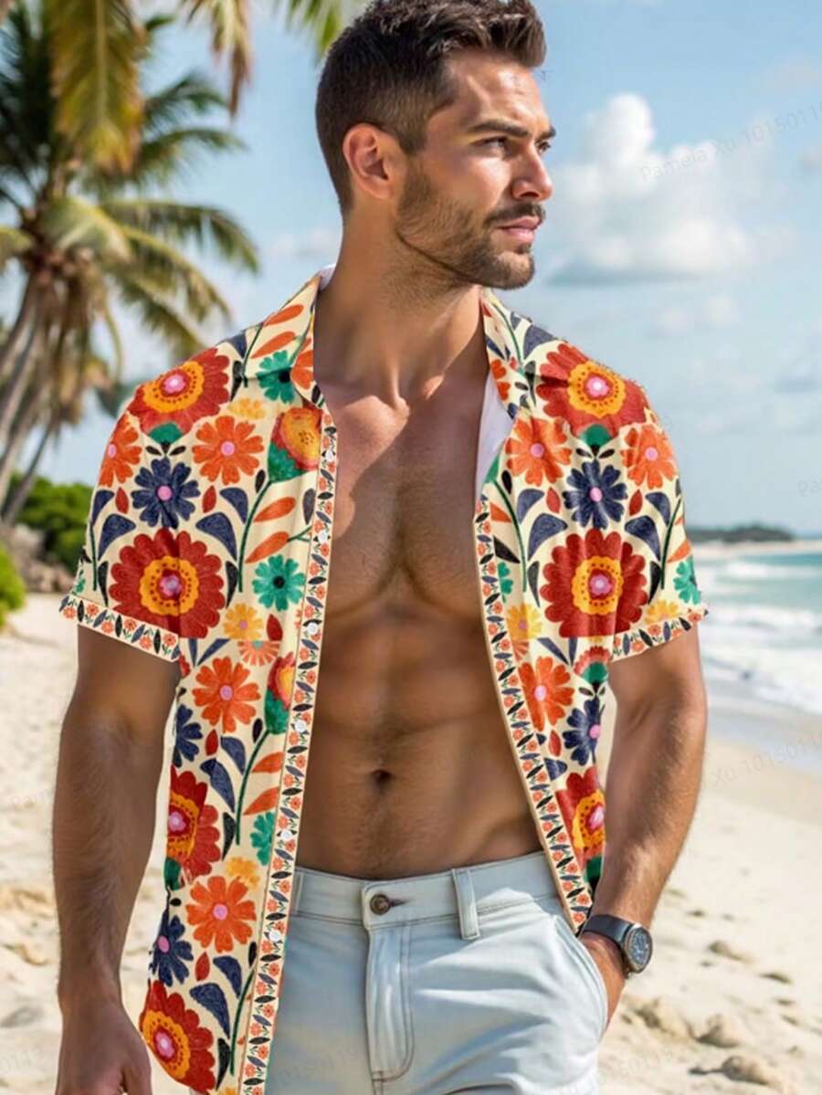 Ocevento 男式正面纽扣短袖全花卉印花休闲衬衫