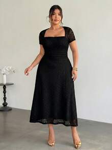 Firerie Plus Size Women's Knitted Textured A-Line Solid Color Jacquard Mesh Sexy Date Night Ruffle Side Long Dress - Black - View 3