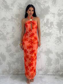 Allurite Vestido vintage sexy naranja con diseño de atar al cuello y decoración de conchas, espalda descubierta, adecuado para vacaciones en la isla, citas, festivales de música, vacaciones de verano, uso diario - Patrón floral cortado al azar - Naranja - Ver 5