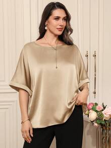 EMERY ROSE Top de punto de cuello redondo de unicolor para mujer de talla grande, elegante para primavera/verano, verano para mujer, vacaciones formal - Caqui - Ver 5