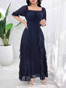 Modelyn Women's Solid Color Minimalist Elegant Casual Long Mesh Dress Party Navy Blue Summer - Blue - View 4
