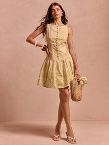 Enchnt Đầm không tay in họa tiết thời trang dành cho nữ, thích hợp cho mùa hè. - Màu vàng - Xem 3