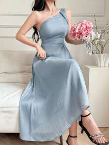 Vestido de mujer elegante de unicolor con cuello asimétrico, manga sin mangas y plisado, de largo medio, para verano y como vestido de invitada de boda - Azul - Ver 4