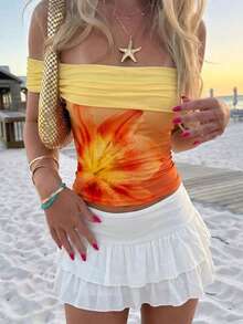 Opulessa Women's Fitted Off-Shoulder Knit Top, Suitable For Spring/Summer Vacation Biza Outfits, Western Style,Summer Holiday Outfits ,Holiday Outfits For Women,Holiday,Vacation Outfits For Women - Burnt Orange - View 1