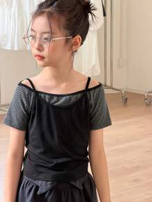 DAZY Camiseta de niña preadolescente con diseño a rayas 2 en 1 - Negro - Ver 7
