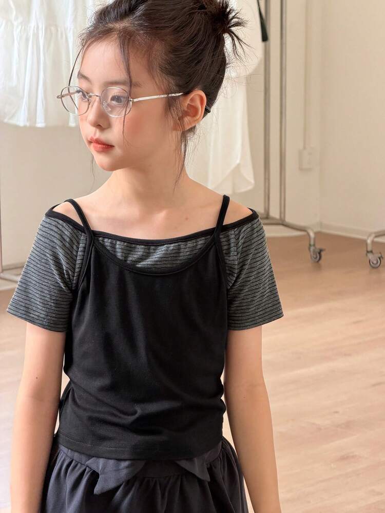 2-In-1 Striped Design Cute Tween Girls T-Shirt
